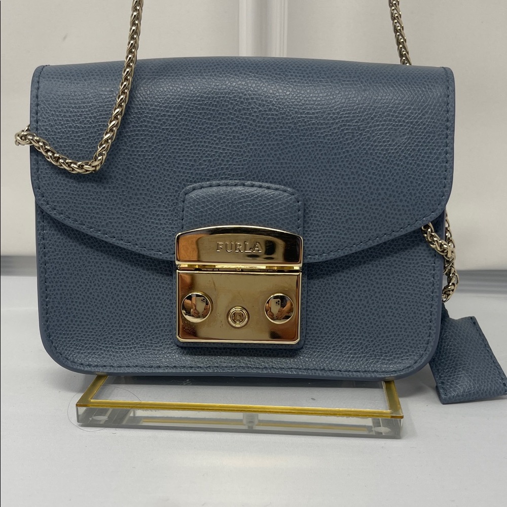 Furla Slate Blue Crossbody Bag with Gold Accents